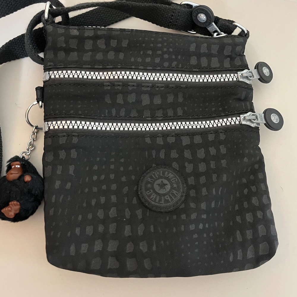 Kipling Keiko Crossbody Bag Small Black Nylon Grid Print Daniel Monkey Keychain